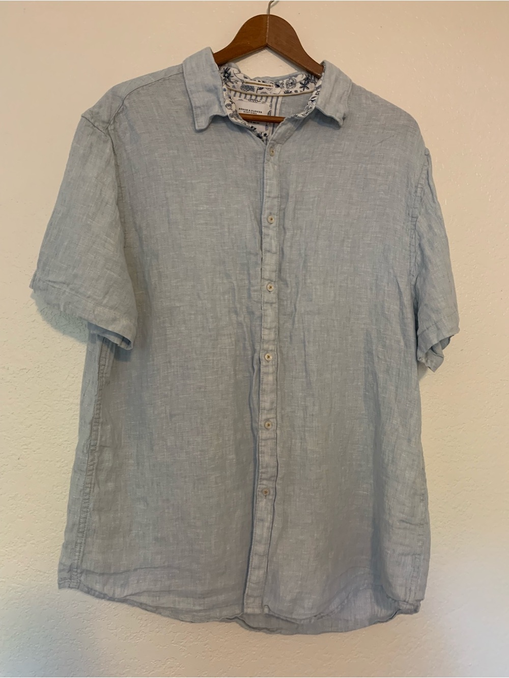 Denim & Flower Light Blue Short Sleeve 100% Linen Button-Down Shirt XL